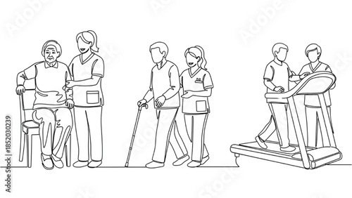 High-quality black continuous line art of seniors practicing standing from a chair with therapist support, walking with a cane during rehabilitation, and treadmill walking therapy guidance