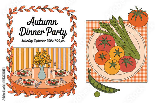 Cozy autumn dinner party invitation with fresh harvest vegetables
