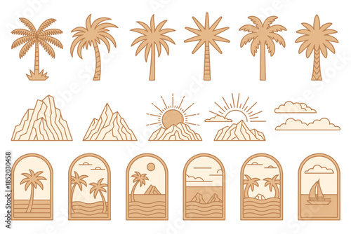 Tropical island scenes with palm trees, mountains, and sun, presented in a minimalist, bohemian line art style.