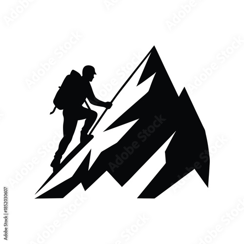 Mountain climber on a peak black silhouette vector illustration isolated on white background