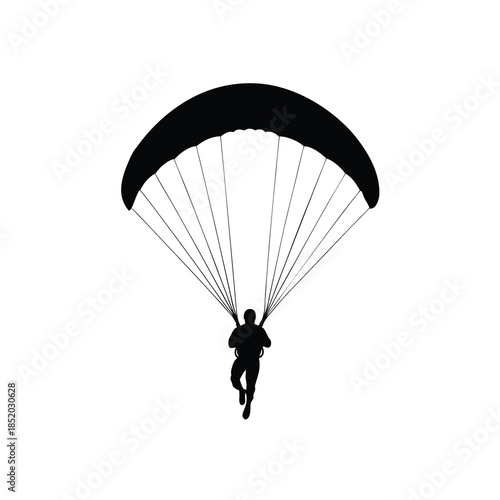 Parachutist flying with a parachute black silhouette vector isolated on white background