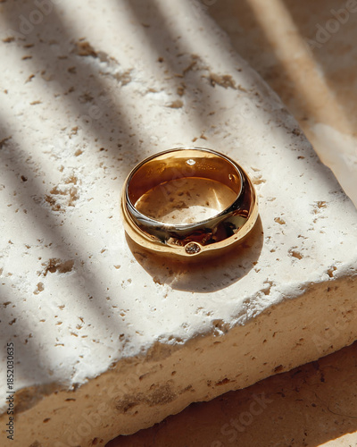 Modern gold wedding ring on white travertine stone with natural sunlight and palm leaf shadows