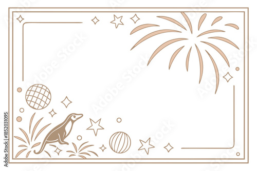 Minimalist celebration frame with ferret and fireworks
