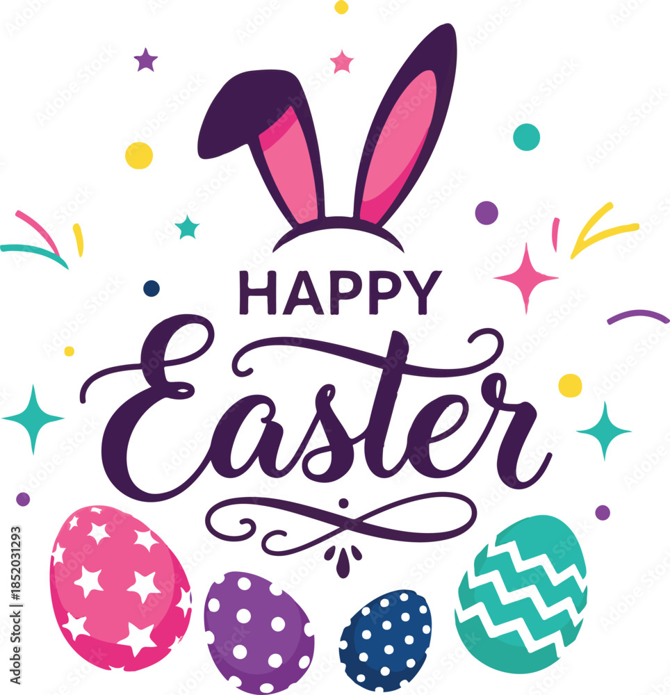 Obraz premium Happy easter celebration with cute bunny ears and colorful patterned eggs on a festive background