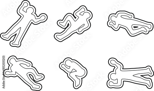 Set of dead body icons, collection of crime scene human silhouettes, group of line vector symbols, add corpse, victim, murder, death, forensic illustration, black icon