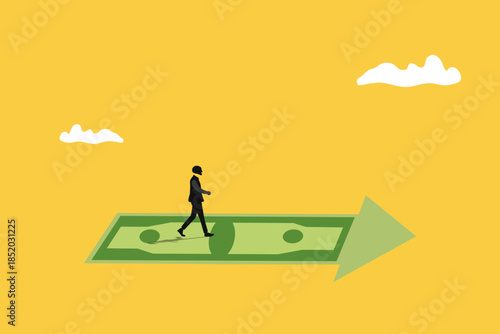 Businessman walking to follow money. concept of chasing for investment yield, profit or earning, change job for better salary or wages, greed or investing opportunity concept, greedy
