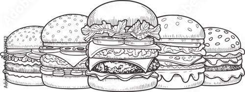 Detailed black and white line of stacked hamburgers cross section