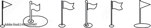 Golf Flag Line Style Vector Icon Set, Course Marker Symbol Collection and Sports Outline Graphic Group Featuring Hole Flag, Pin Elements in Minimal Design