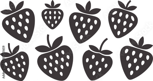 Eight dark gray strawberries in flat strawberry fruit