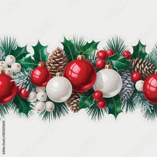 Festive christmas garland with red ornaments pinecones and holly leaves