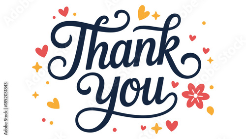 Thank you hand lettering typography with decorative hearts and floral elements expressing gratitude appreciation and kindness isolated on white background