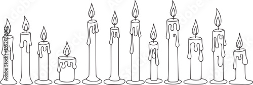 Nine hand drawn candles in different styles and sizes line