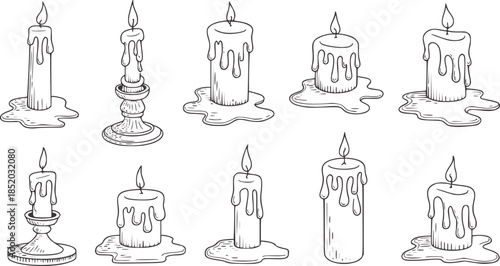 Nine hand drawn melting candles in various styles black and white line