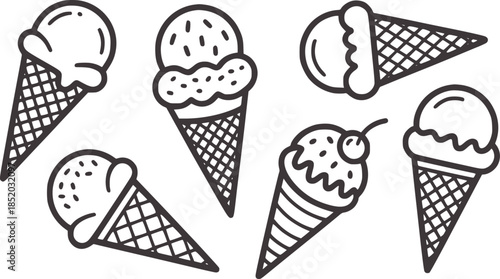 Six hand drawn ice cream cones in black outline icecream