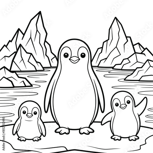 A cute penguin family stands amidst snowy mountains and icy terrain