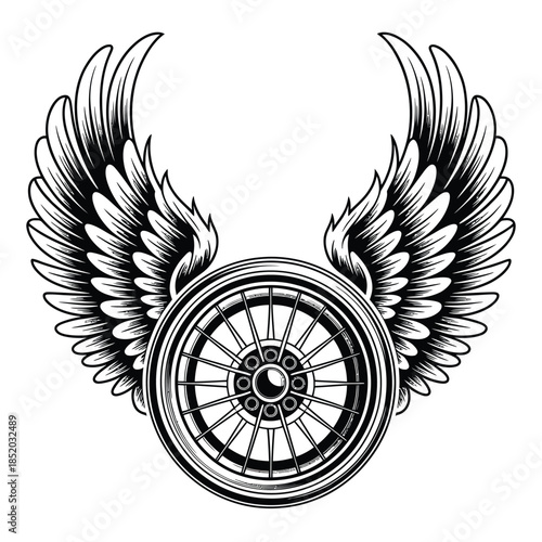 A winged wheel design a striking black and white illustrative emblem