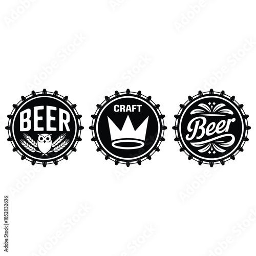 Vintage beer bottle caps with ornate designs and central illustrations