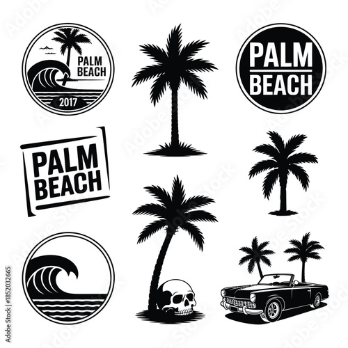 Palm beach themed designs featuring waves trees and vintage cars