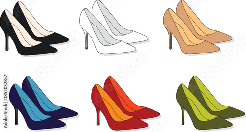 Collection of six pairs of high heel shoes in different colors on white background high heels stilettos