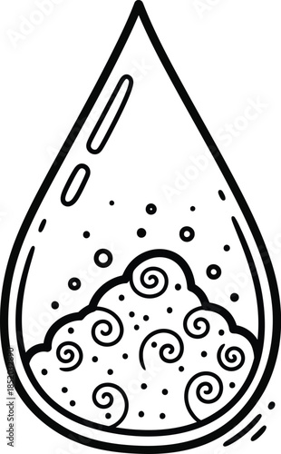 Teardrop shaped container filled with swirling liquid and particles