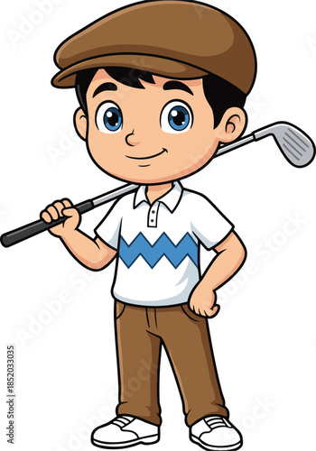 Cartoon boy golfer holding golf club over shoulder, happy kid player wearing cap, vector illustration isolated on white background, children sport activity concept