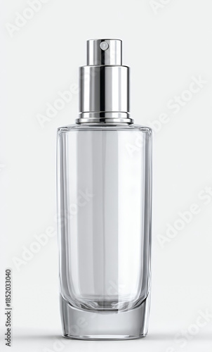 Clear glass cosmetic pump bottle for serum or lotion isolated on white background, beauty product mockup