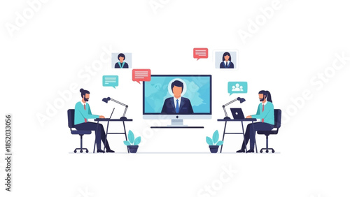 Remote team collaborating on video conference with laptops