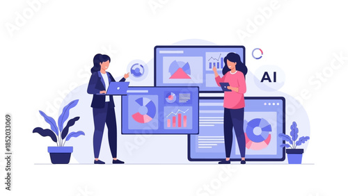 Businesswomen analyzing data on large screens with AI technology