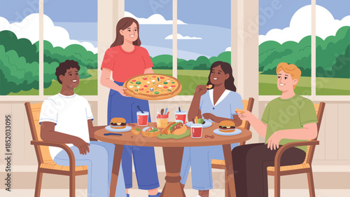 Friends enjoying pizza party together at home illustration showing diverse people eating food and socializing indoors with table and window view