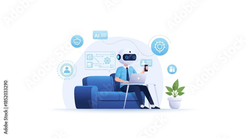 Man in virtual reality headset working on laptop at home