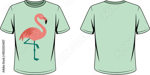 Light green t-shirt with a pink flamingo graphic on the front and blank back clothing apparel