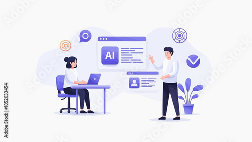 Business professionals collaborating on AI project in modern office