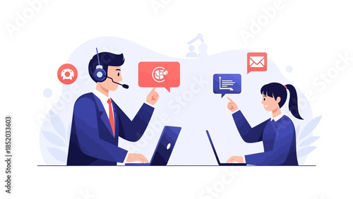 Business team collaborating on customer support with laptops