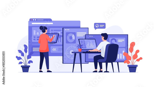 Business professionals analyzing data on multiple computer screens in modern office