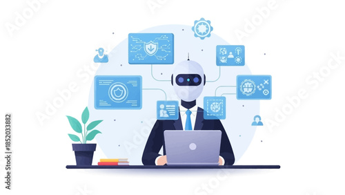 Robot working on laptop with digital icons and data flow