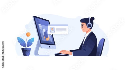 Businessman working with headset and computer in modern office