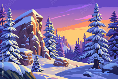 snowfall blankets pine trees in a quiet forest, creating a pristine winter scene with soft textures, muted contrast, and peaceful natural stillness