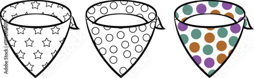 Three patterned bandanas with stars circles and polka dots on white background neckerchief scarf