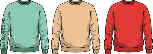 Three plain crew neck sweatshirts in mint green tan and red on white background sweater pullover