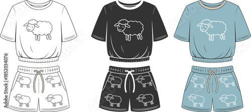 Three Sets of Sheep Themed Pajamas in White Black and Blue sleepwear loungewear
