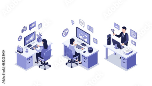 Professionals working diligently in modern office space with technology