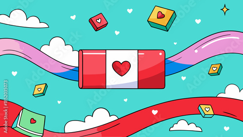 Digital heart surrounded by clouds and hearts