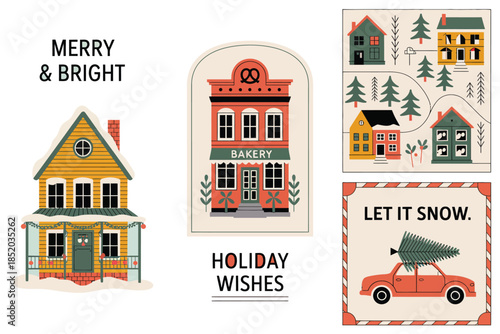 Festive holiday illustrations featuring cozy houses, a bakery, and a car carrying a Christmas tree.