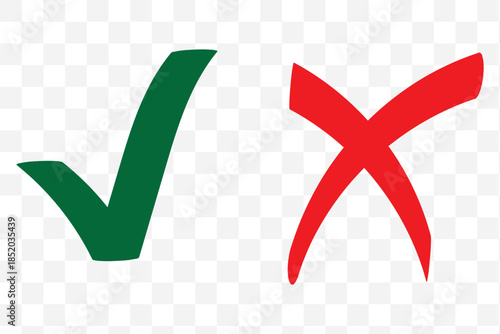Green check mark and red cross symbols for yes no correct incorrect choices approval rejection vector