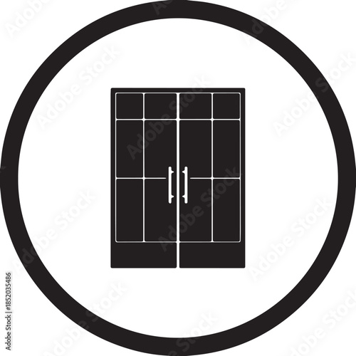  Vector Double glass pane French doors icon framed within a circle silhouette Illustration