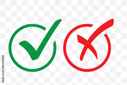 Green check mark and red cross symbols for yes no correct incorrect choices approval rejection vector