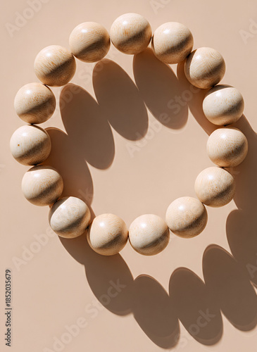 Circle of round wooden beads with harsh shadows on beige background, minimalist zen composition