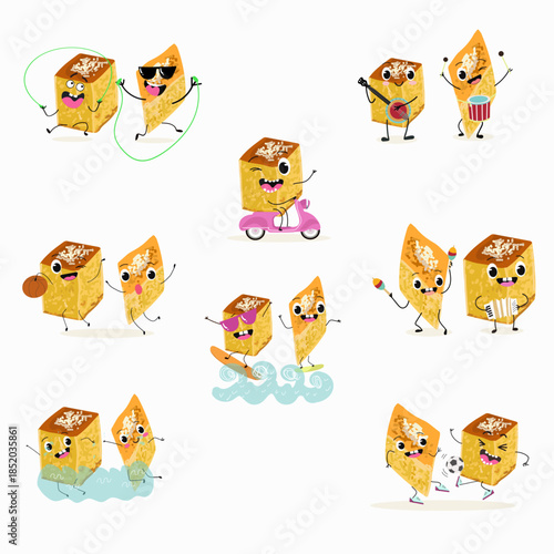 Funny Characters lokma, tulumba. Turkish,  Eastern sweets. Hand drawn vector illustration.