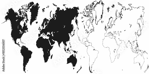 Black and white world map with continents and oceans clearly defined