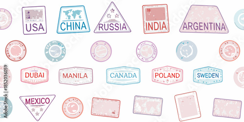 Collection of colorful travel stamps representing nations and global destinations